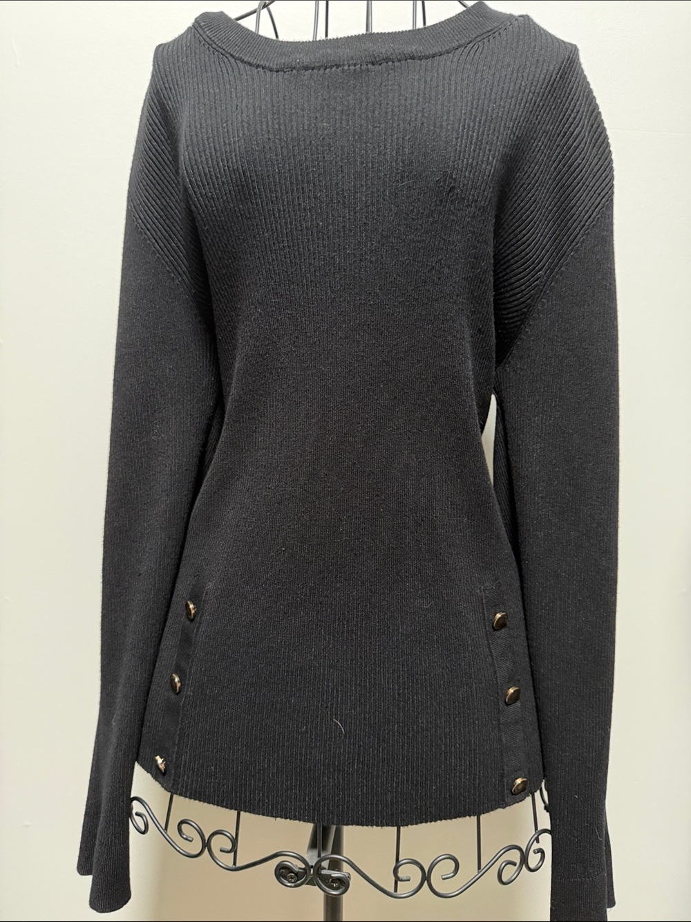 Tahari Black Crew Sweater with Side Button Accents